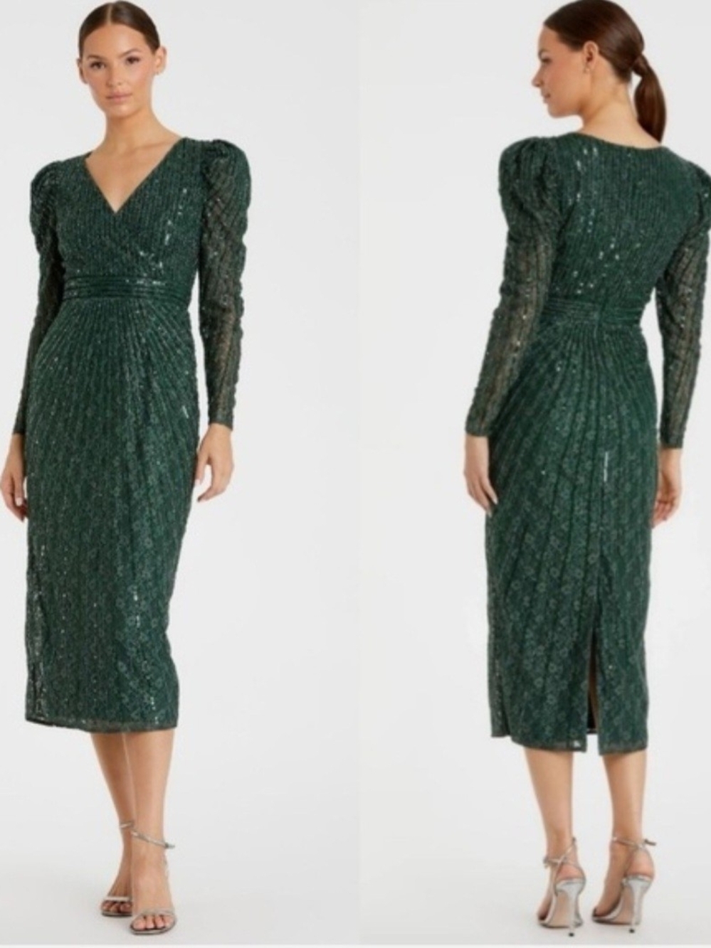 Mac Duggal NWT Green Sequin Midi Dress with V-Neck